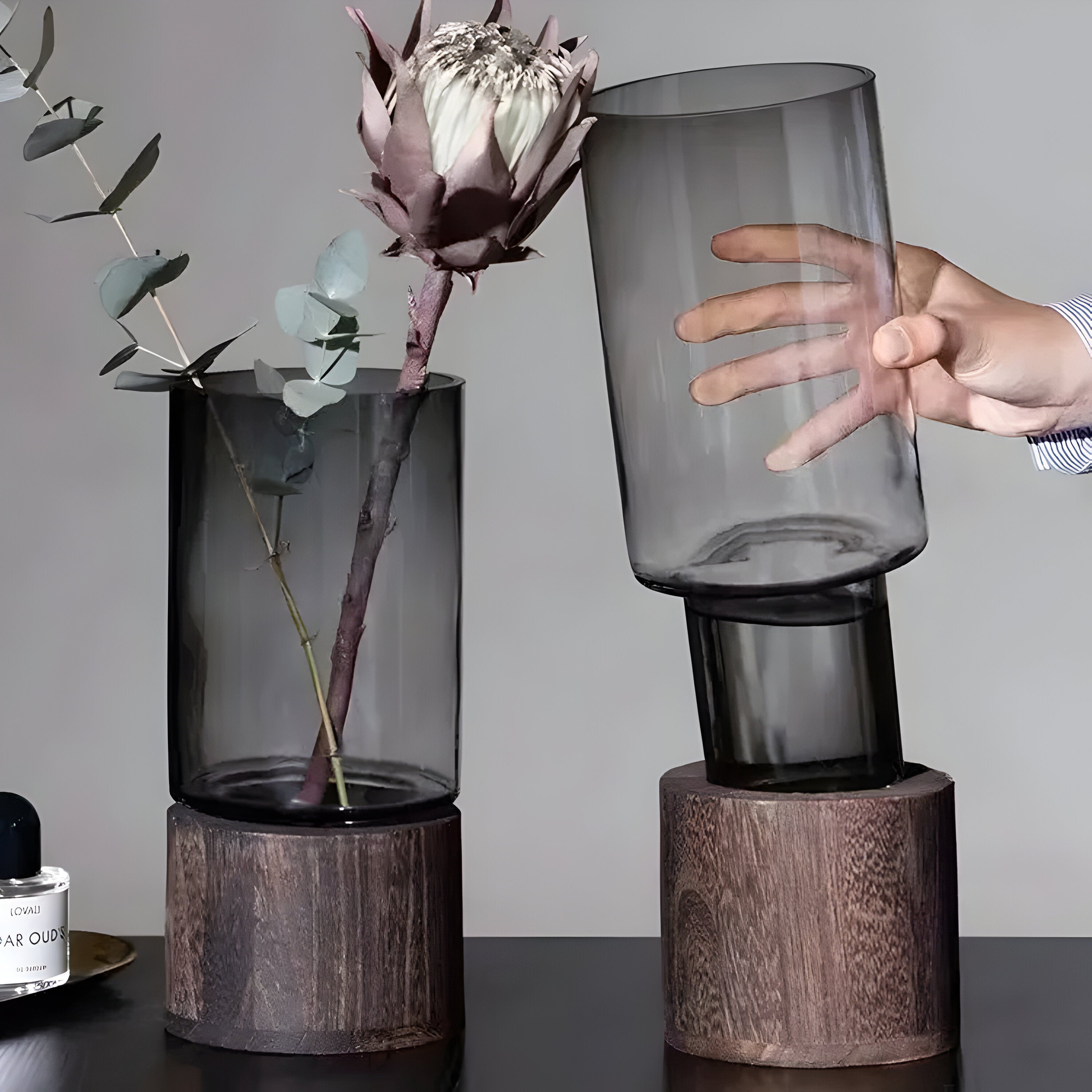 TranquilBloom Vas – Europeisk Hydroponics Trä- och Glasvas