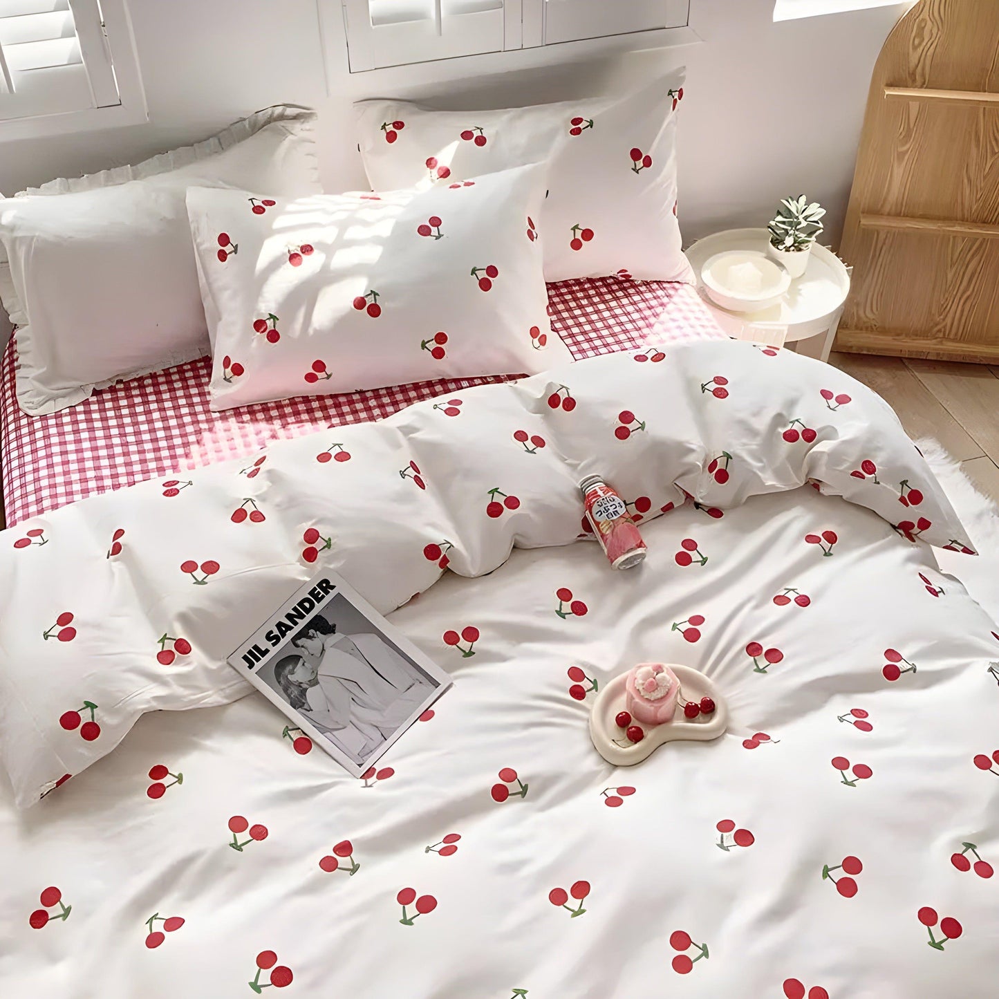 Röd Cherry Schackbräda Sängklädset För Flickor Pojkar Dubbelstorlek Flat Ark Duvet Täckande och Örngott Mjuk Säng Linne Hem Textil