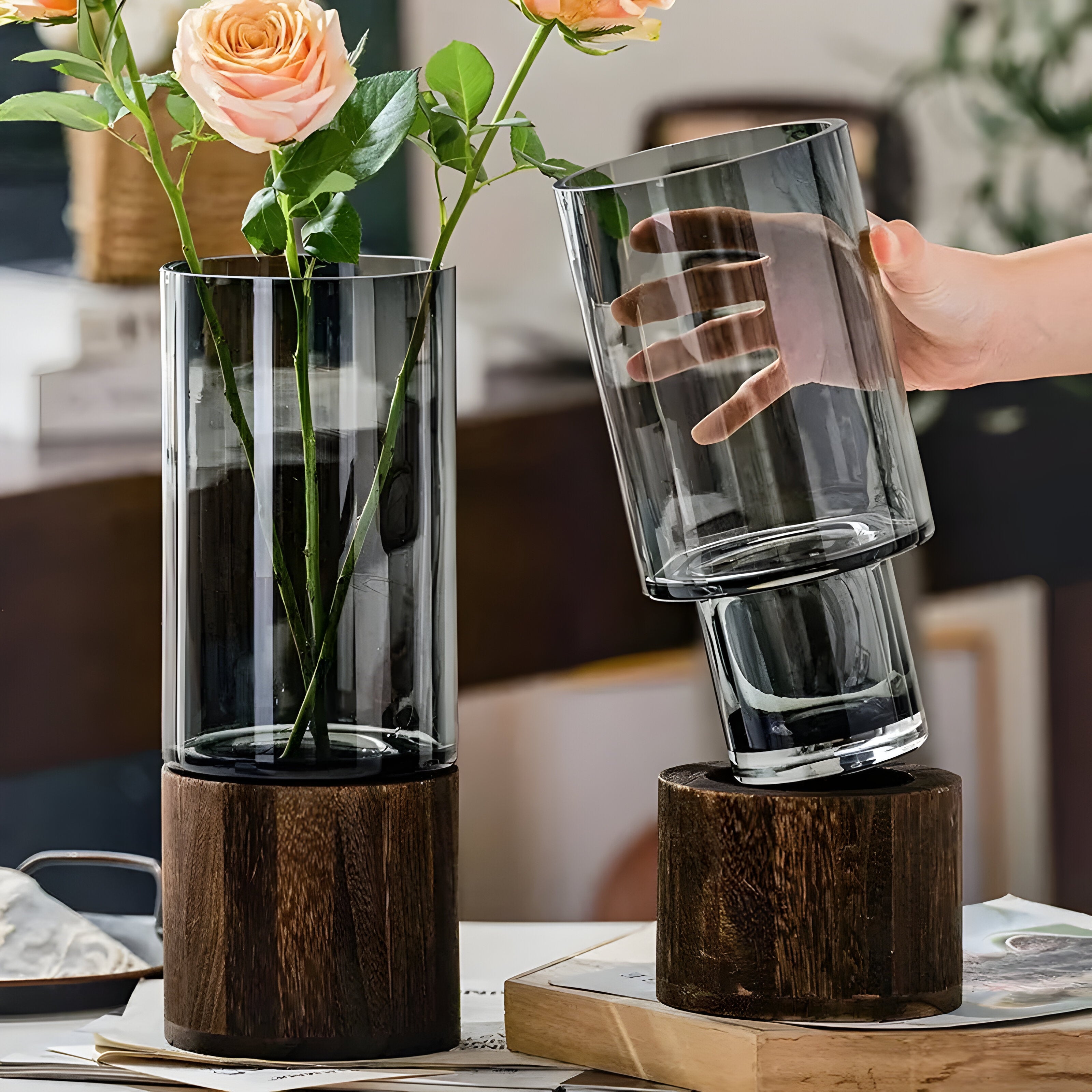 TranquilBloom Vas – Europeisk Hydroponics Trä- och Glasvas