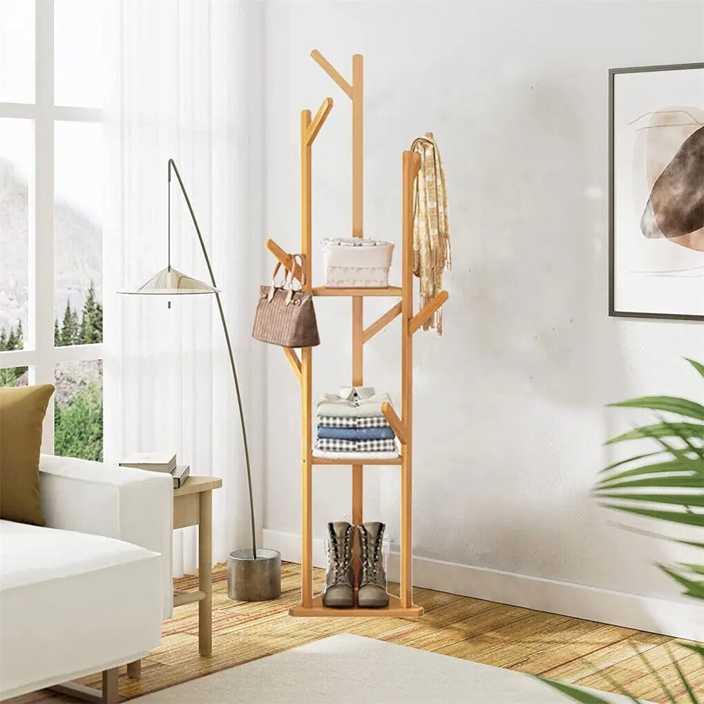 TranquilHome Ställ Hängare - Bambu Hörnträd med Krokar och Hyllor