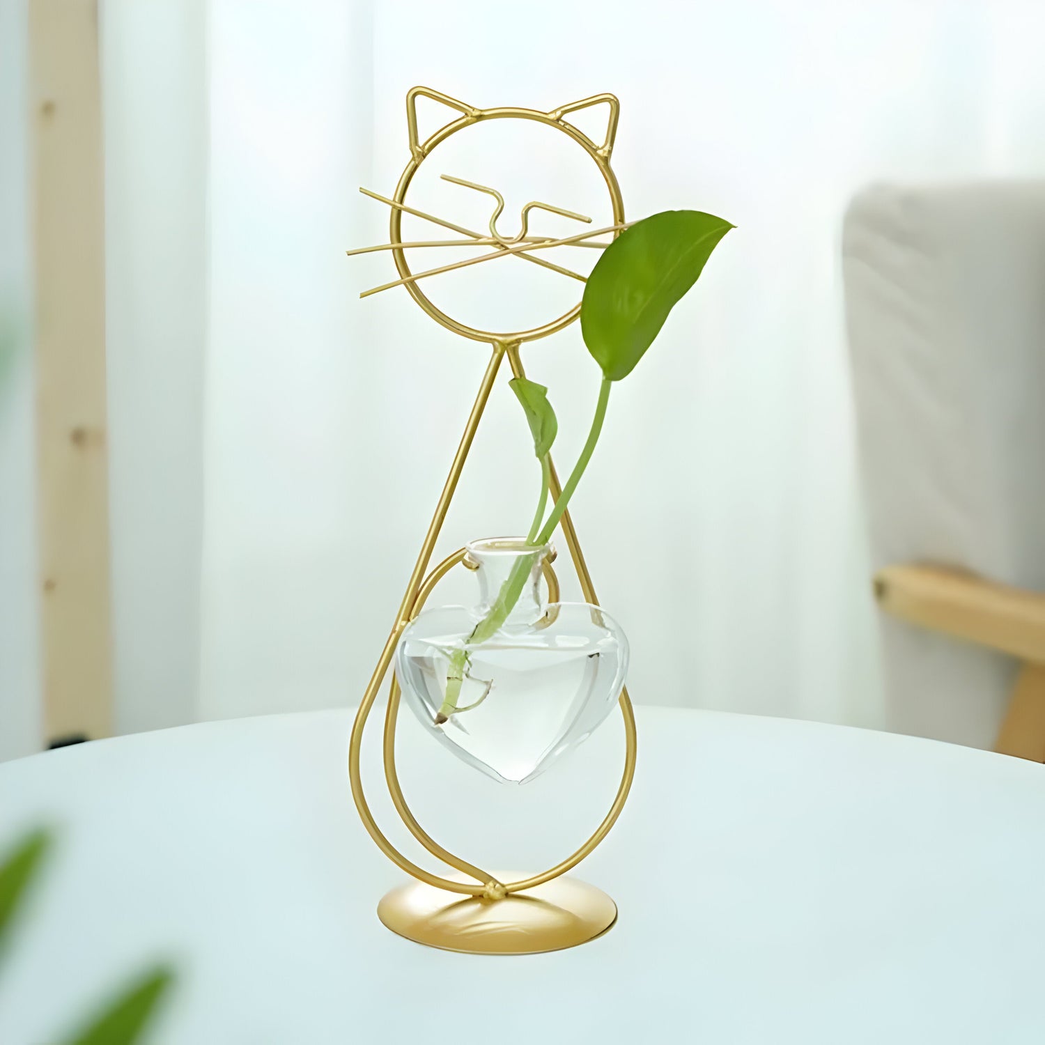 AquaPurr Vas - Hydroponisk Glas-Hjärta-Vas med Kattformad Hållare