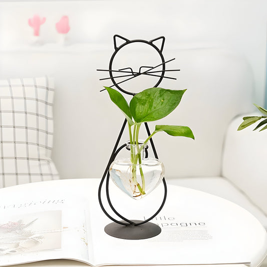 AquaPurr Vas - Hydroponisk Glas-Hjärta-Vas med Kattformad Hållare