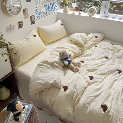 SweetNest Sängkläder Set - Avslappnad Broderad Hjärta Täcke Sängkläder Set (1 Filt + 1 Duvet Täcka + 2 Kuddöverdrag)