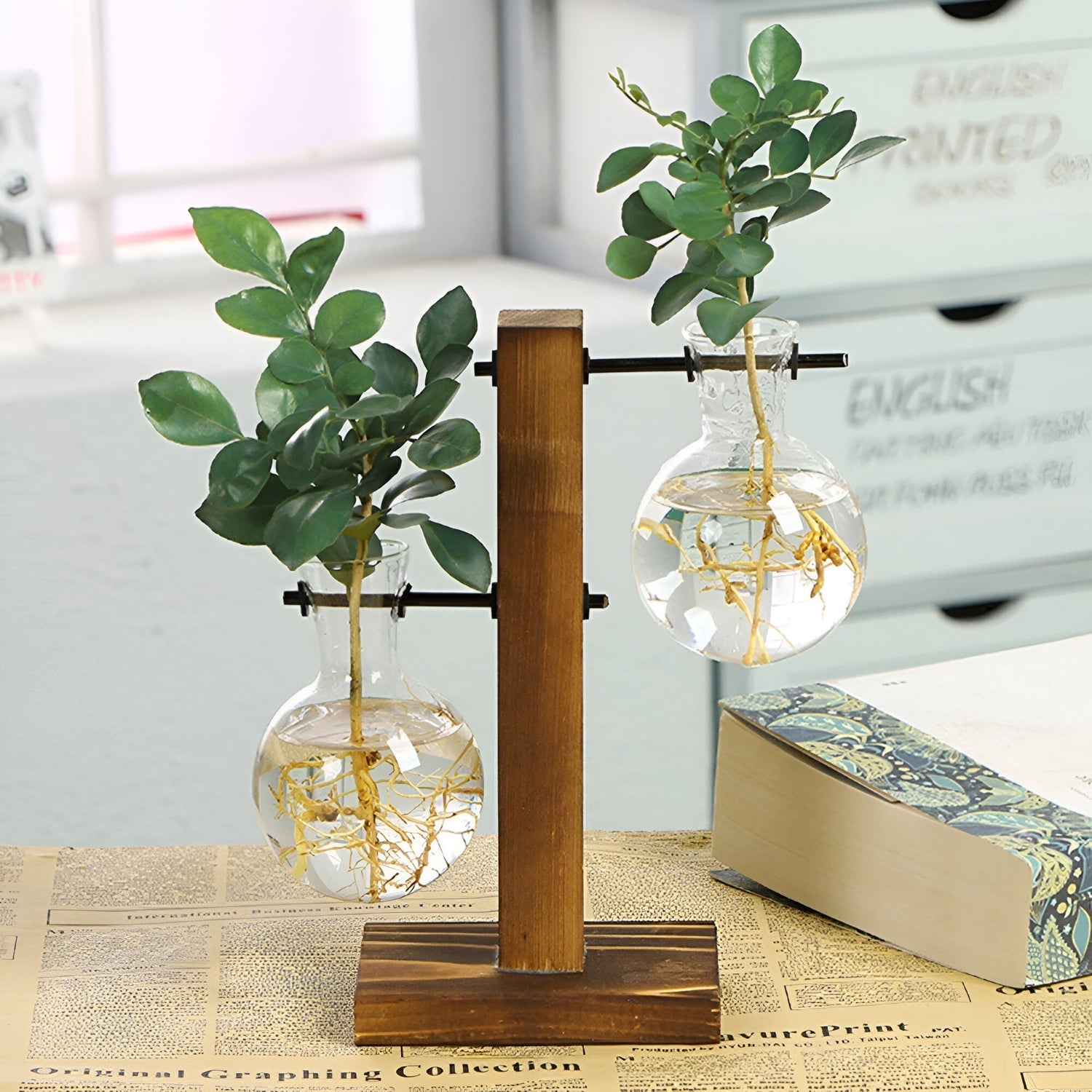 GlassHaven Vase – Hydroponiskt glasbehållare med trästativ