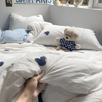 SweetNest Sängkläder Set - Avslappnad Broderad Hjärta Täcke Sängkläder Set (1 Filt + 1 Duvet Täcka + 2 Kuddöverdrag)