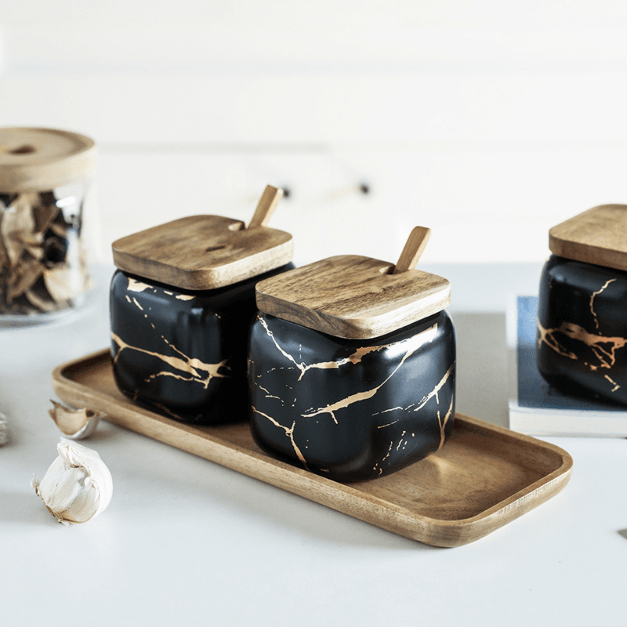 LunaMarble Krydderkrukor Set - Elegant Porslin Örter Toppar