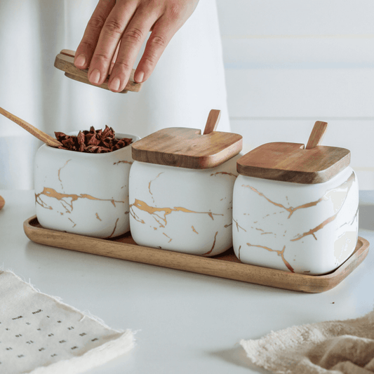 LunaMarble Krydderkrukor Set - Elegant Porslin Örter Toppar