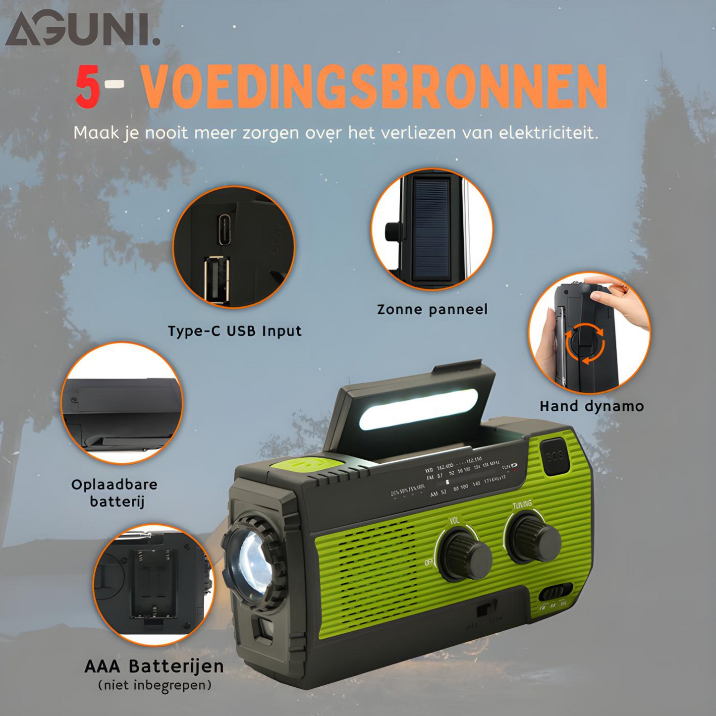 Carvallo AllSafe Multifunktions-Nödradio | 4000 mAh Powerbank | Sol, Veva, USB & Batteri | LED-Ljus & SOS-Alarmering | IPX3