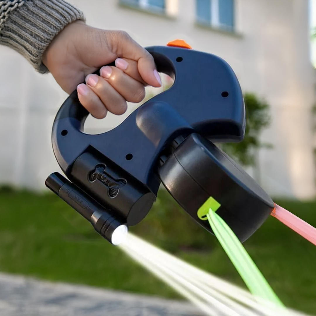 Dubbelt utdragbar hundkoppel med ficklampa och avfallshållare