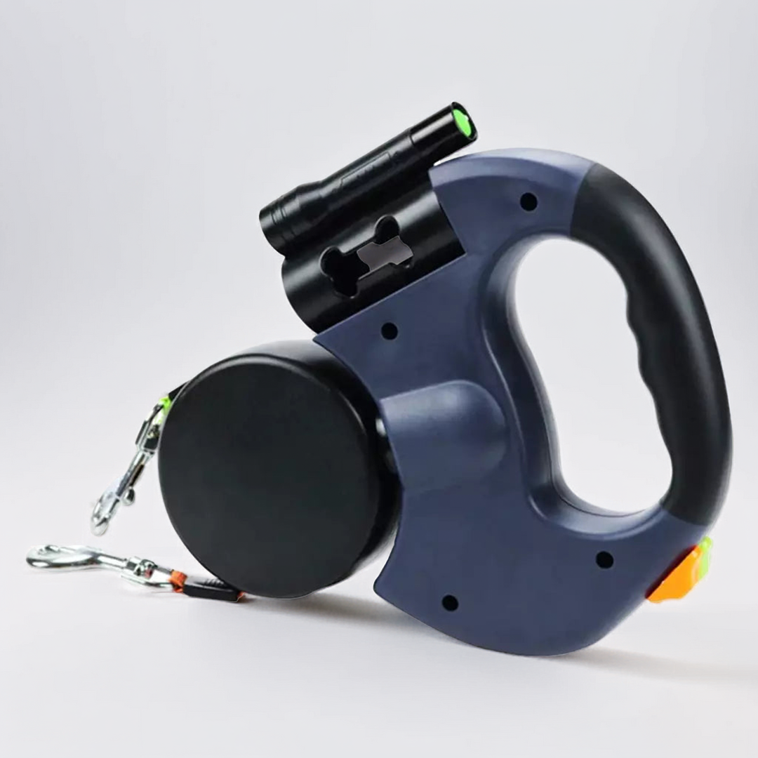 Dubbelt utdragbar hundkoppel med ficklampa och avfallshållare