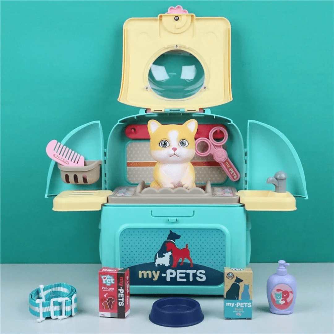 Petcare Playset - Bärbar veterinär rollspelset för barn med ryggsäck och 16 tillbehör