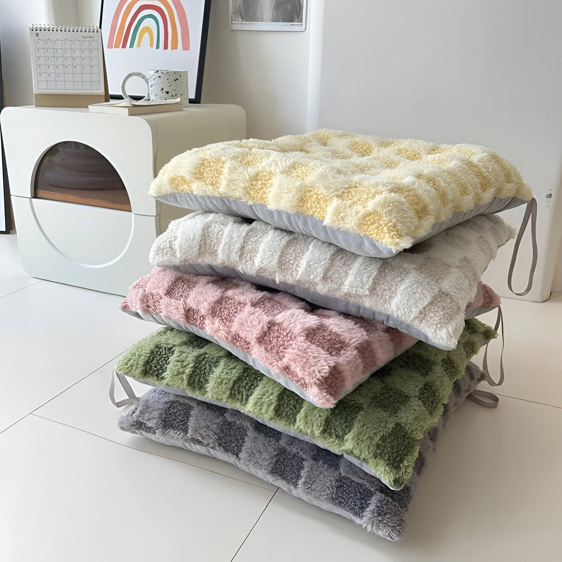 Plush Rutad Stolskudde - Mjuk Bomull Fyllning, Fyrkantig Design