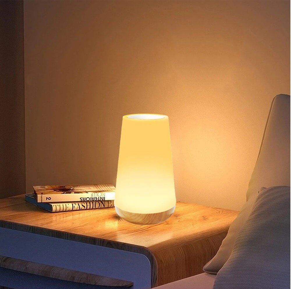 LED Bordslampa med Träbas och Touchkontroll