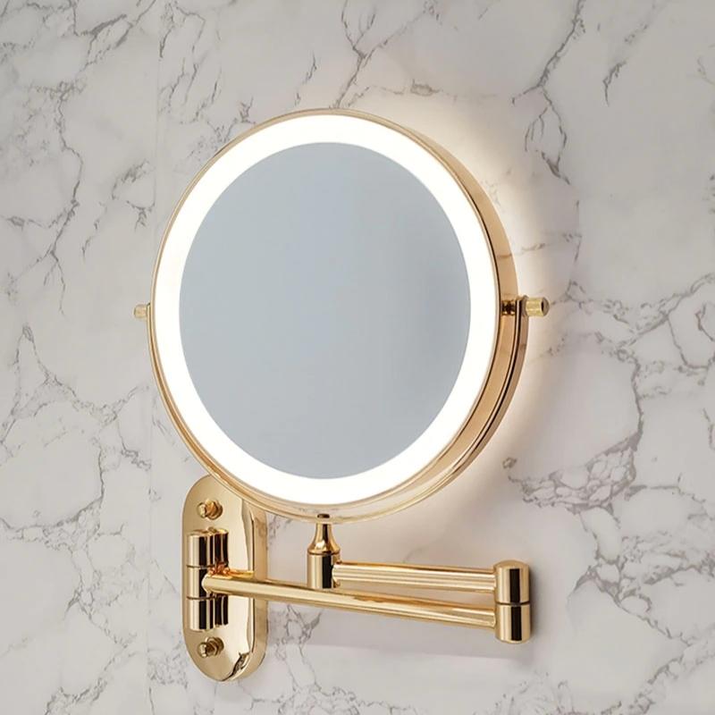 LED Väggspegel med Guld Finish och Förstoringsglas