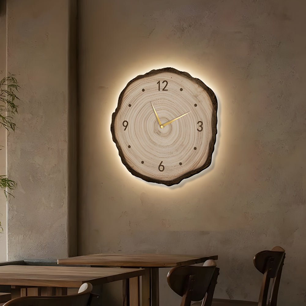Träskiva Väggklocka | LED Ljus | Fjärrkontroll | Naturlig Rund Design | Varm Ljus