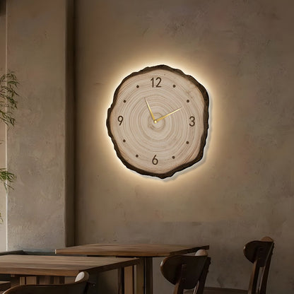 Träskiva Väggklocka | LED Ljus | Fjärrkontroll | Naturlig Rund Design | Varm Ljus