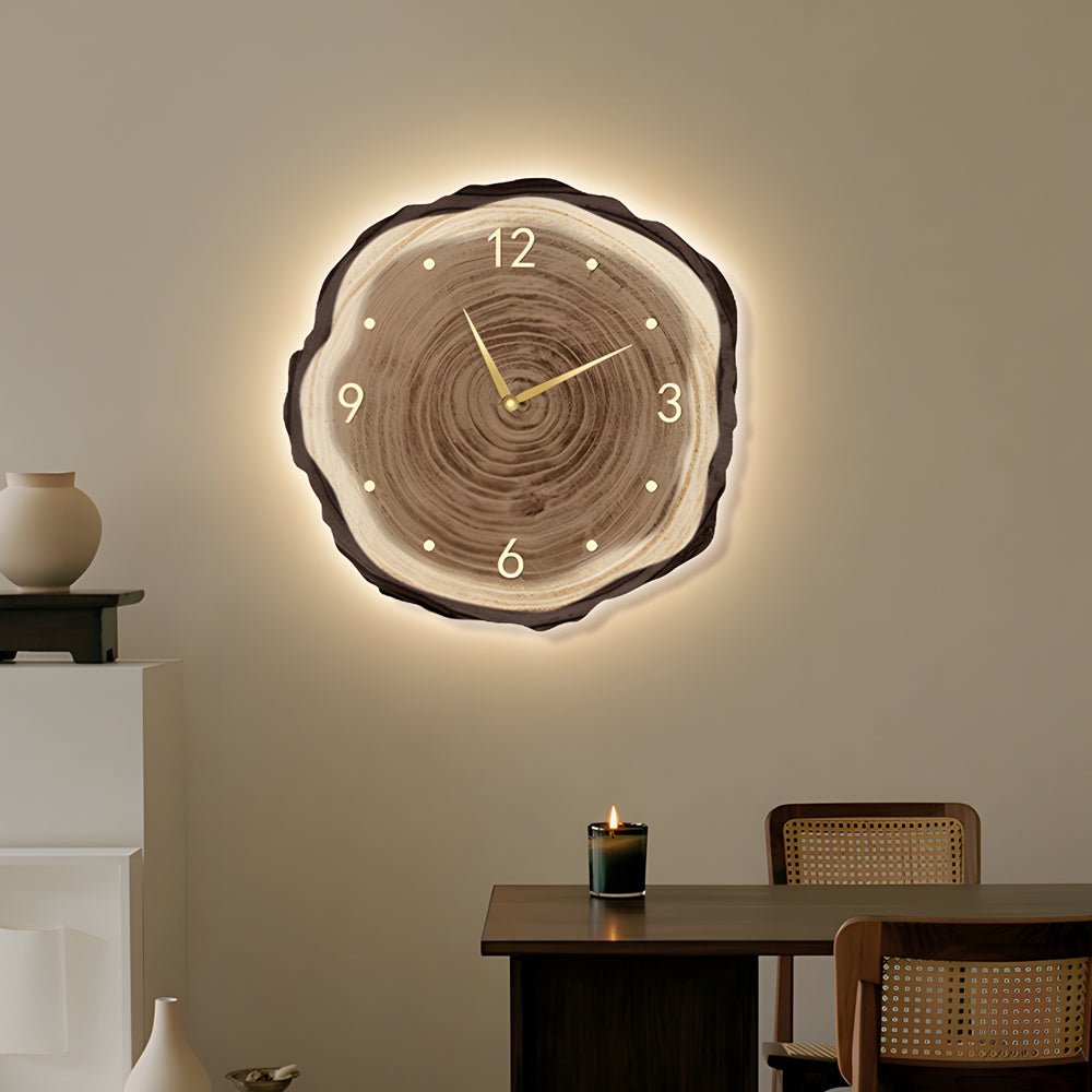 Träskiva Väggklocka | LED Ljus | Fjärrkontroll | Naturlig Rund Design | Varm Ljus