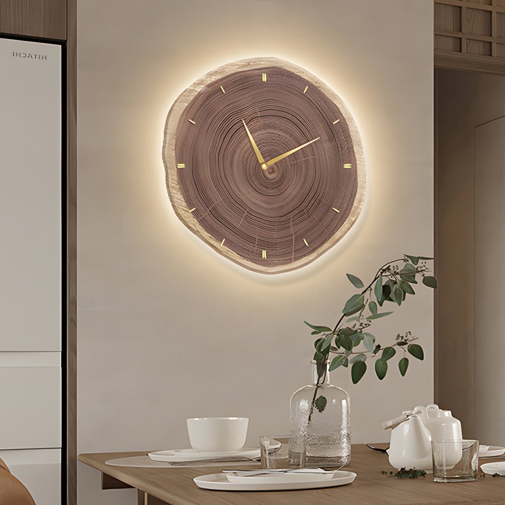 Träskiva Väggklocka | LED Ljus | Fjärrkontroll | Naturlig Rund Design | Varm Ljus