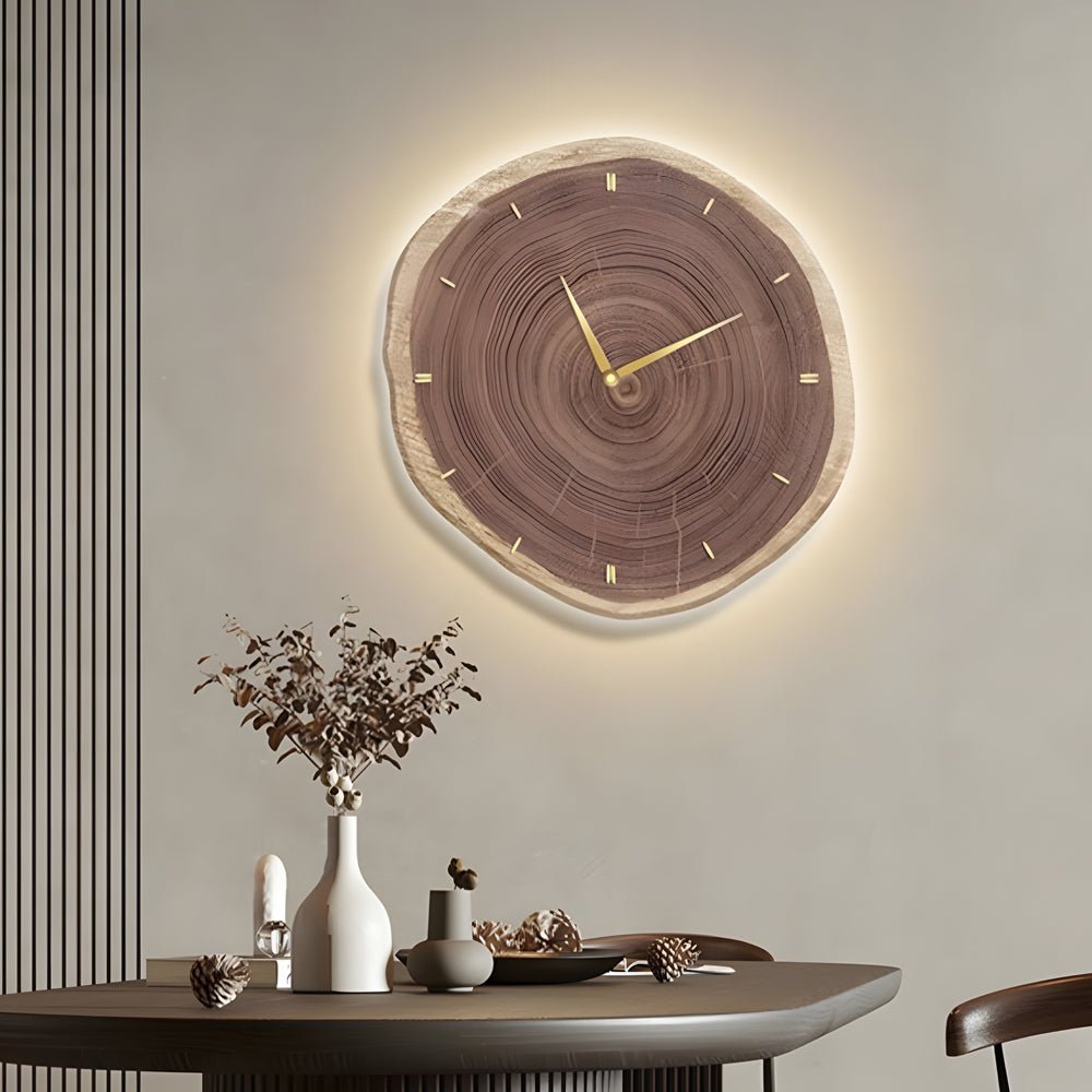 Träskiva Väggklocka | LED Ljus | Fjärrkontroll | Naturlig Rund Design | Varm Ljus