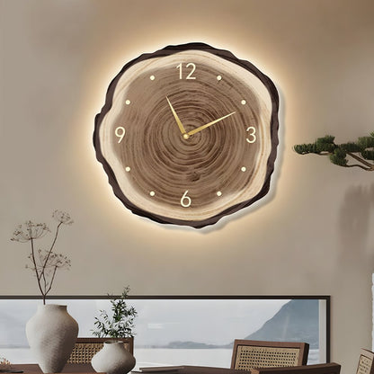 Träskiva Väggklocka | LED Ljus | Fjärrkontroll | Naturlig Rund Design | Varm Ljus