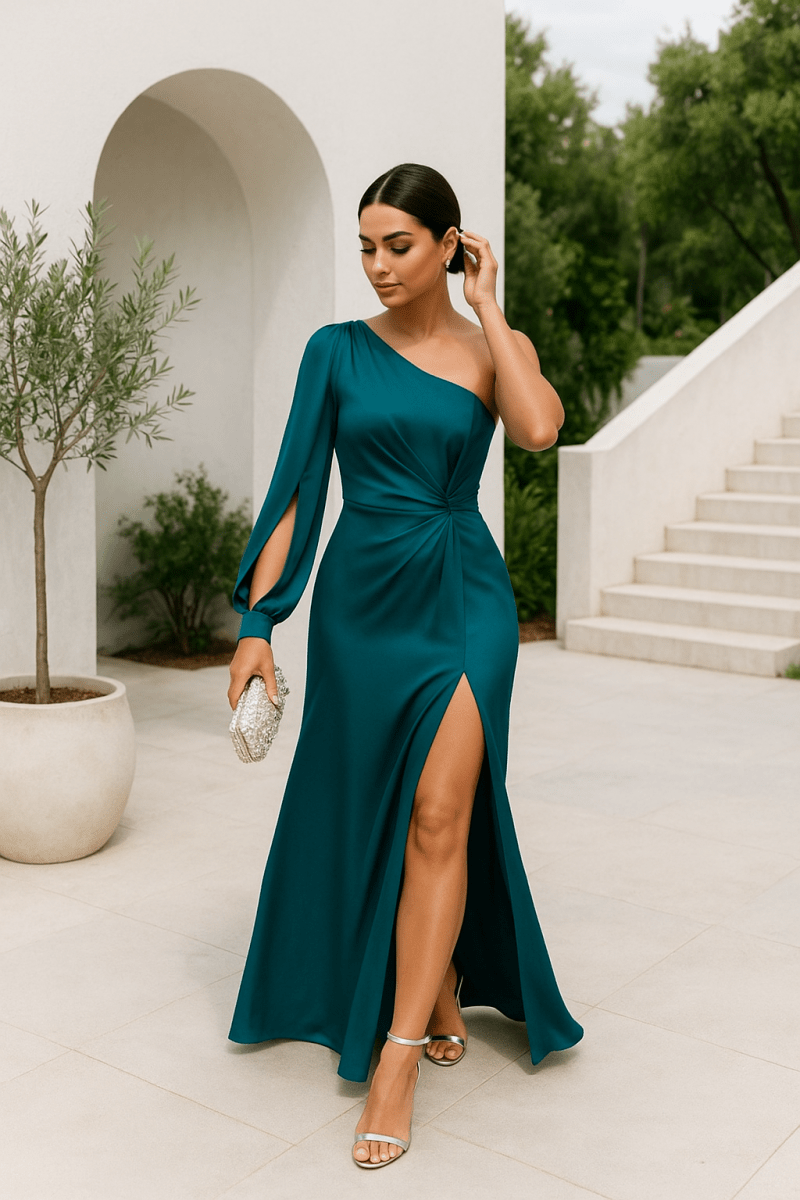 Sculpta - En axel klänning med draperad midja och sidenliknande glans för elegant femininitet