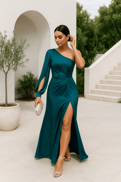 Sculpta - En axel klänning med draperad midja och sidenliknande glans för elegant femininitet