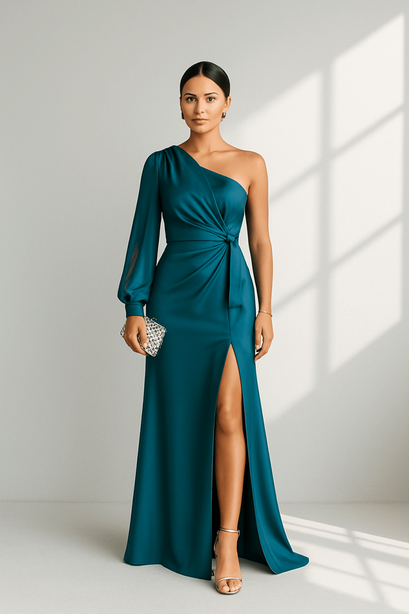 Sculpta - En axel klänning med draperad midja och sidenliknande glans för elegant femininitet