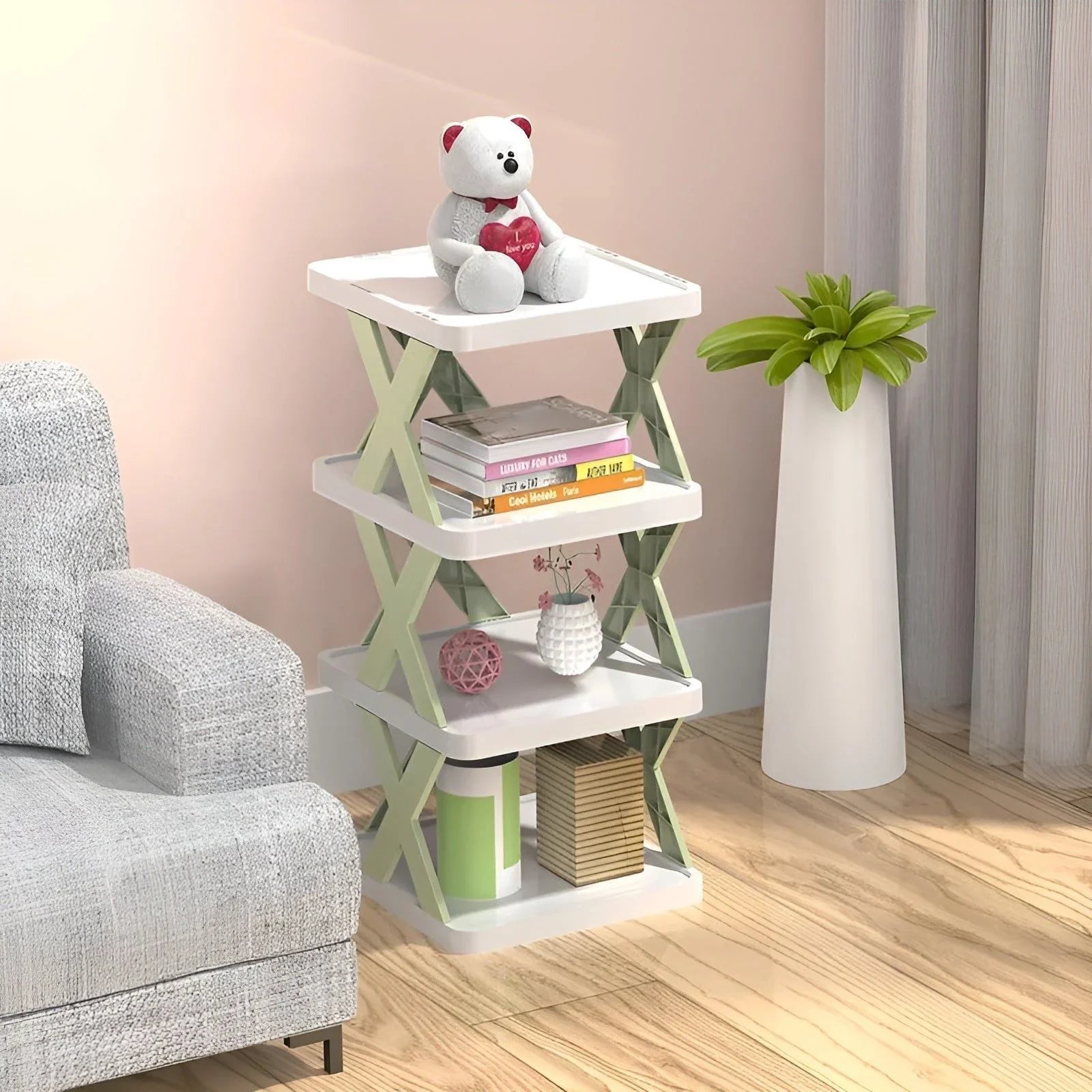 Multifunktionellt och hopfällbart skohyllsystem för platsbesparande förvaring