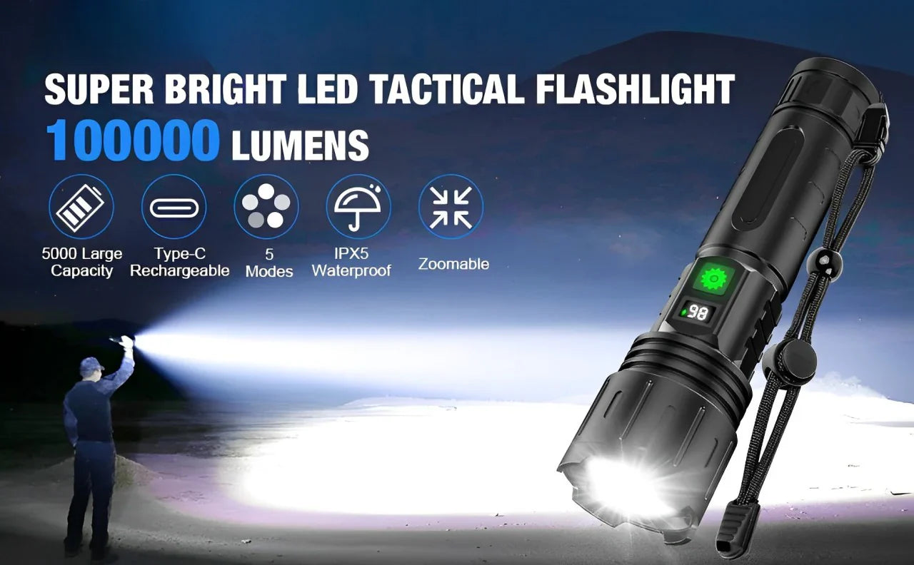LuxRoyale 100,000 Lumen Taktisk Ficklampa – Laddningsbar LED-lampa med Power Bank, LCD-display och 3280 fot räckvidd