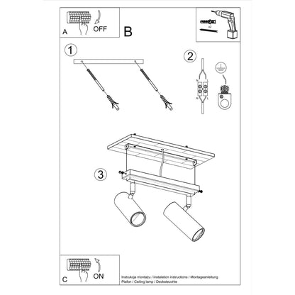 DIREZIONE Taklampa - 2-ljus Svart - Minimalistisk Modern Design - Justerbara Spotlights - GU10 Lampa Kompatibilitet - Perfekt för Vardagsrum och Kök