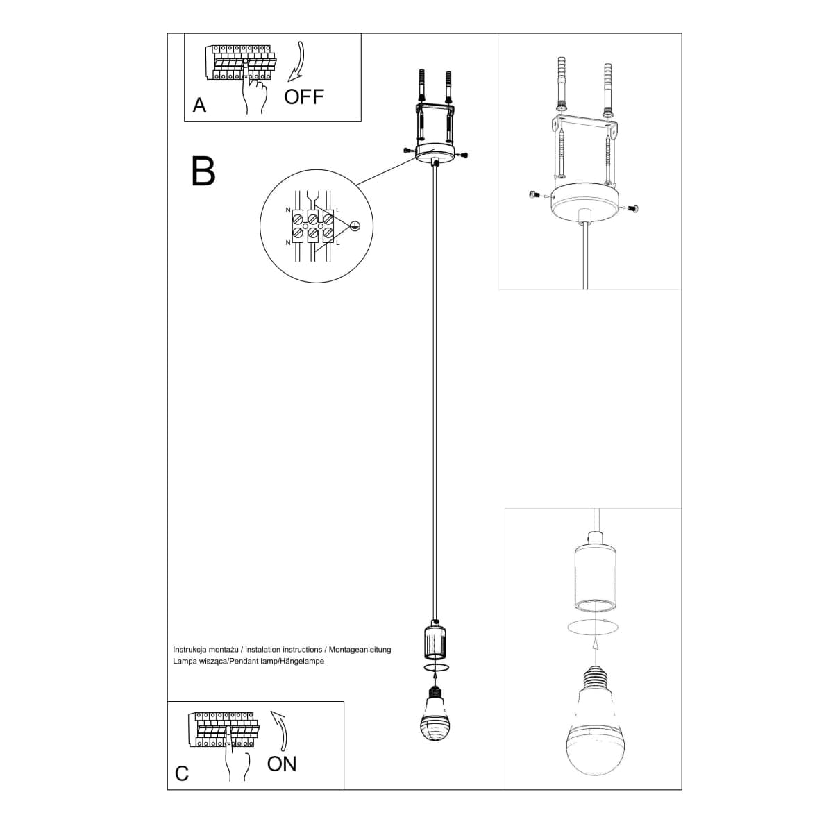 Edison Pendelampa - Svart Tyg &amp; Stål - E27 Max 15W - Minimalistisk Design