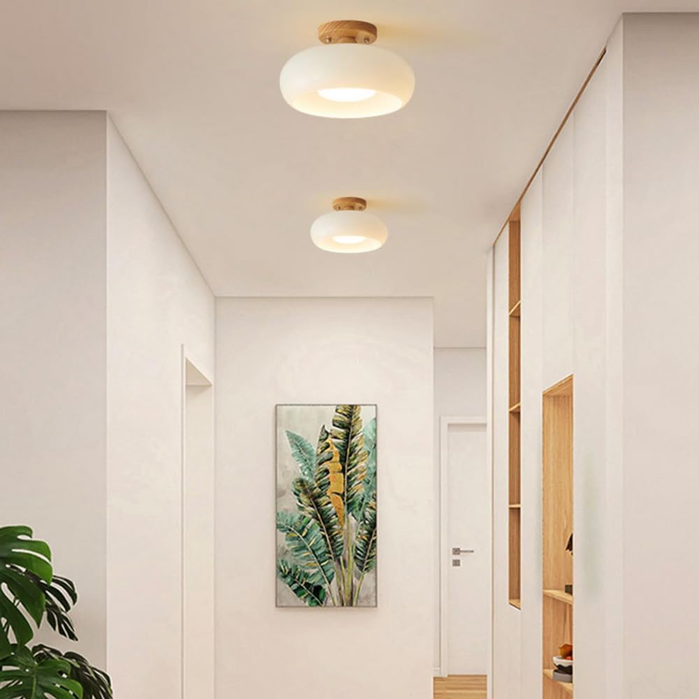 LED Taklampa med trä- och glasnyans