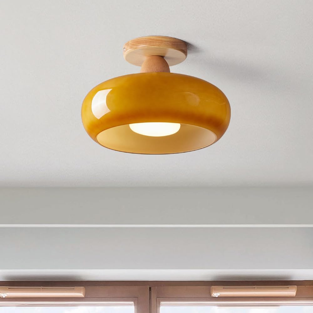 LED Taklampa med trä- och glasnyans