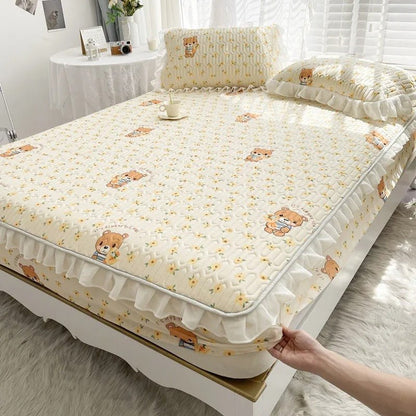 Ice Silk Latex Madrassset - Spetsstil Ice Silk Matta, Sängklädsel, Kjolstil, Halkskydd Fast Madrass Skyddande Täckning