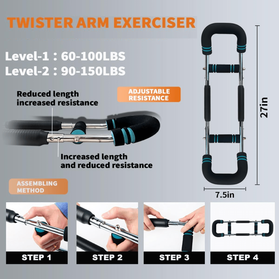 TwisterFlex justerbar Power Twister - stärka underarmar, triceps och bröst - hållbar, bärbar styrketräningsstång - justerbart motstånd