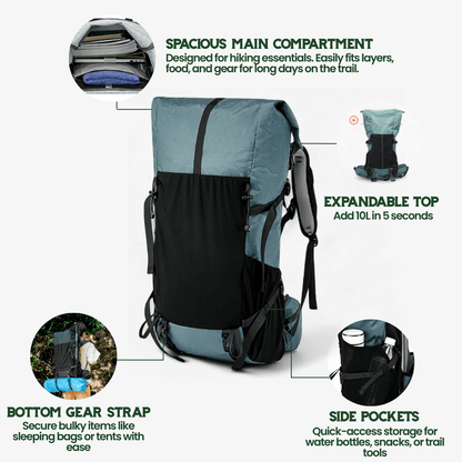 ULTREA 50L – Ultralätt Expandable Adventure Backpack för Vandring &amp; Resa