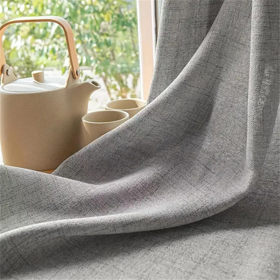 Japansk stil linne lyx gardiner med ögla design