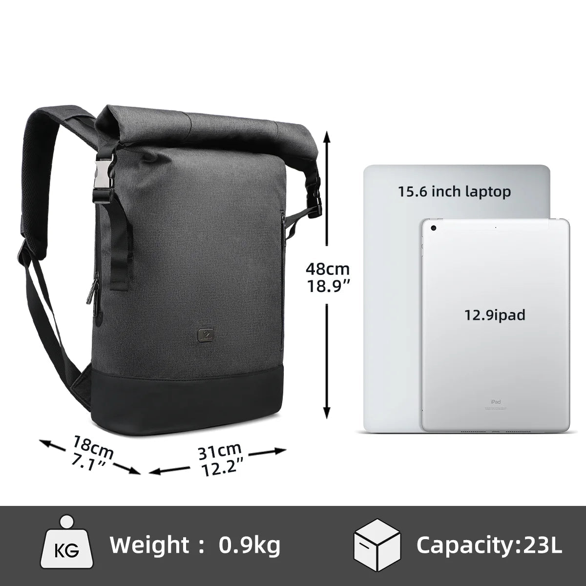 URBANTRAIL Rolltop-ryggsäck - utvidgbar och vattentät rese-ryggsäck med USB-port och laptopfack