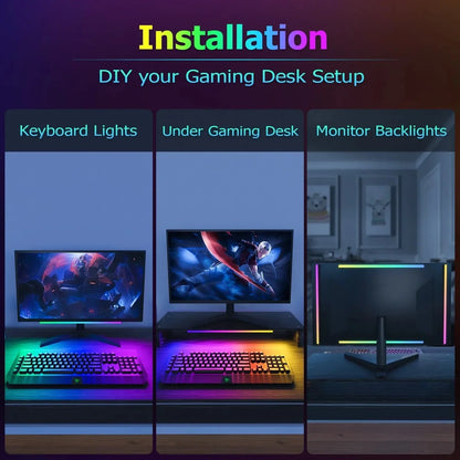 2-i-1 Under Monitor Ljuslist med Fjärrkontroll – RGB LED Skrivbord och Spel Belysning, Uppladdningsbar, Lätt Installation