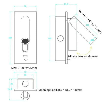 Justerbar USB-laddningsvägglampa med 350° rotation – Modern vägglampa för nattduksbord och hotellanvändning