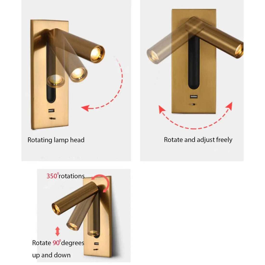 Justerbar USB-laddningsvägglampa med 350° rotation – Modern vägglampa för nattduksbord och hotellanvändning