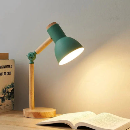 LED Bordslampa Med Träbas – Justerbart Huvud - Ögonskydd - Varm Vit - Modern Design - Ideal För Sängbord Eller Studier