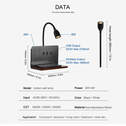 LED Vägglampa Med USB-gränssnitt – Trådlös Laddning - Modern - 360° Rotation - Justerbar Sänglampa