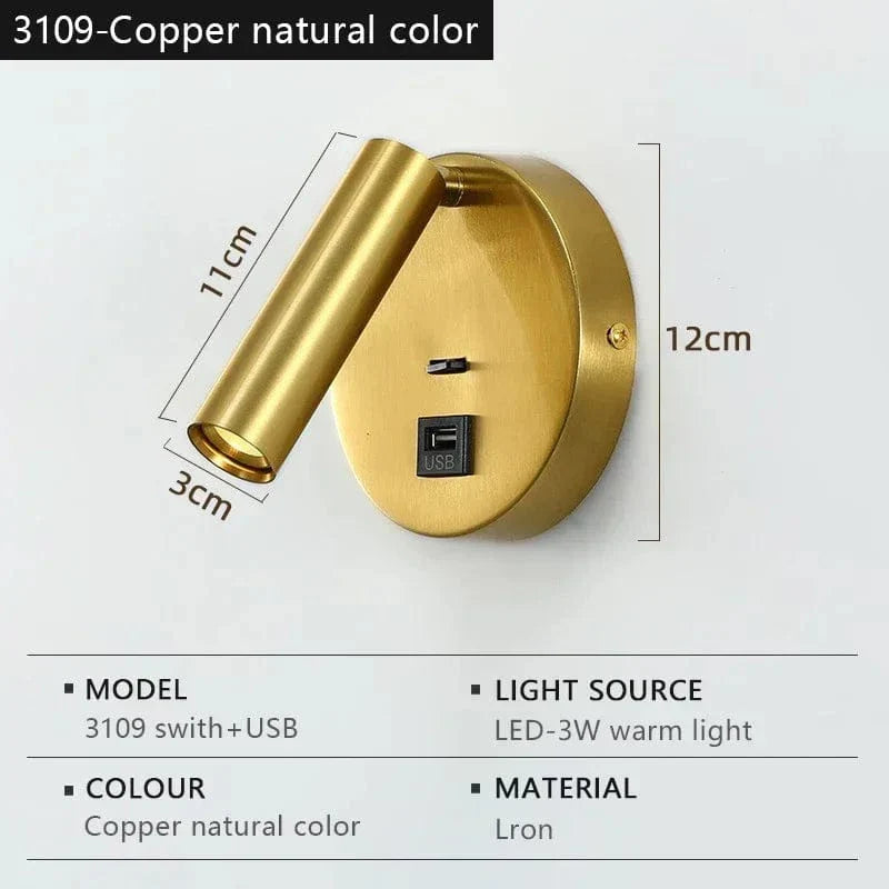 Modern LED Vägglampa Med Strömbrytare - Inomhus - Justerbar - USB Laddning - 350° Rotation - Svart/Koppar Finish