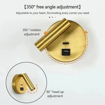 Modern LED Vägglampa Med Strömbrytare - Inomhus - Justerbar - USB Laddning - 350° Rotation - Svart/Koppar Finish