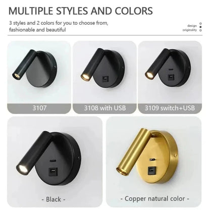 Modern LED Vägglampa Med Strömbrytare - Inomhus - Justerbar - USB Laddning - 350° Rotation - Svart/Koppar Finish