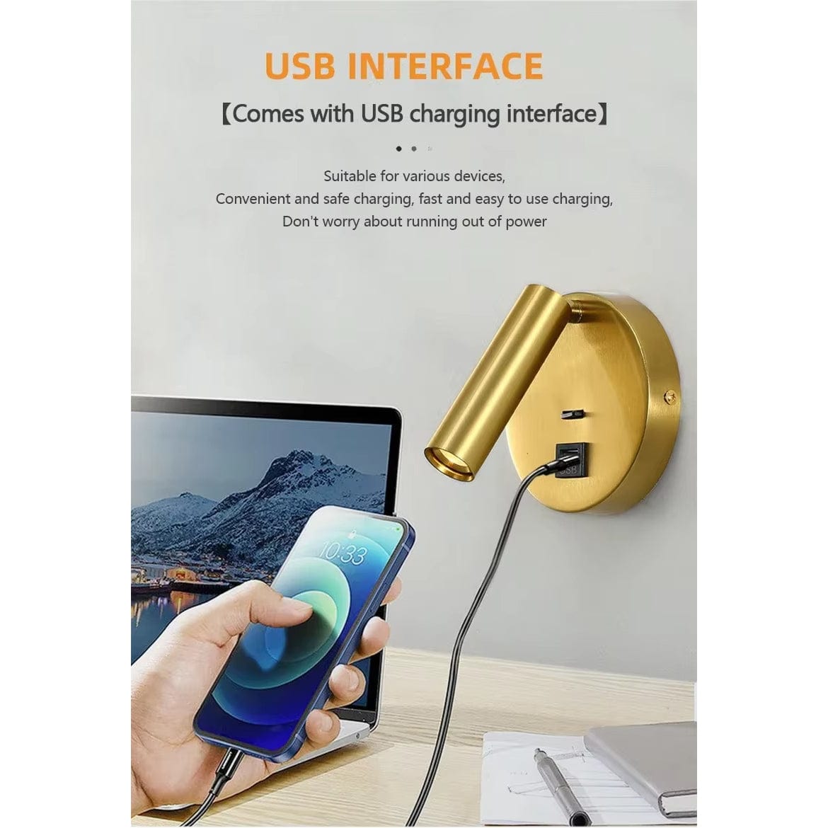 Modern LED Vägglampa Med Strömbrytare - Inomhus - Justerbar - USB Laddning - 350° Rotation - Svart/Koppar Finish