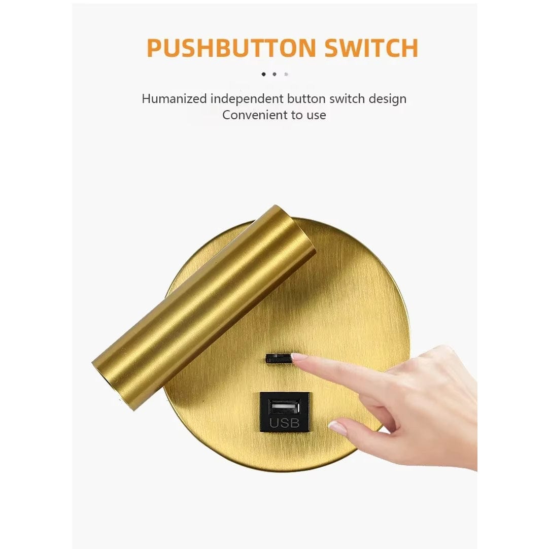 Modern LED Vägglampa Med Strömbrytare - Inomhus - Justerbar - USB Laddning - 350° Rotation - Svart/Koppar Finish