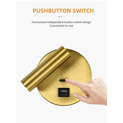 Modern LED Vägglampa Med Strömbrytare - Inomhus - Justerbar - USB Laddning - 350° Rotation - Svart/Koppar Finish