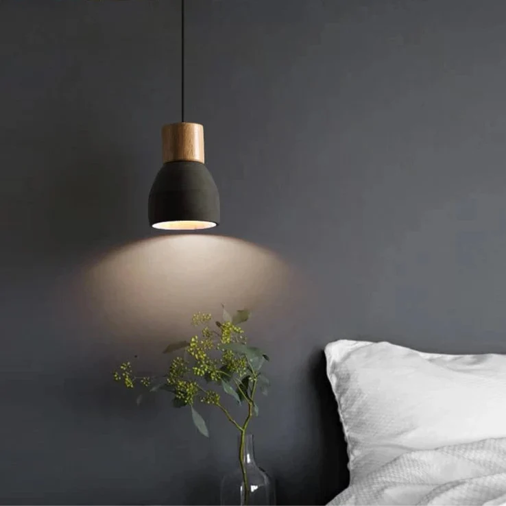 Nordisk LED Hänglampa – Inomhus Hängande Armatur – Cement-Trä Design - Justerbar Vajerlängd - Vintage Stil - E27 Fäste
